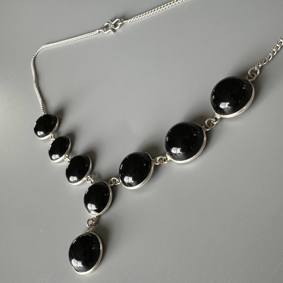 Sterling Silver Plated Onyx Y Necklace – Artisan Made Statement Piece - Picture 9 of 12